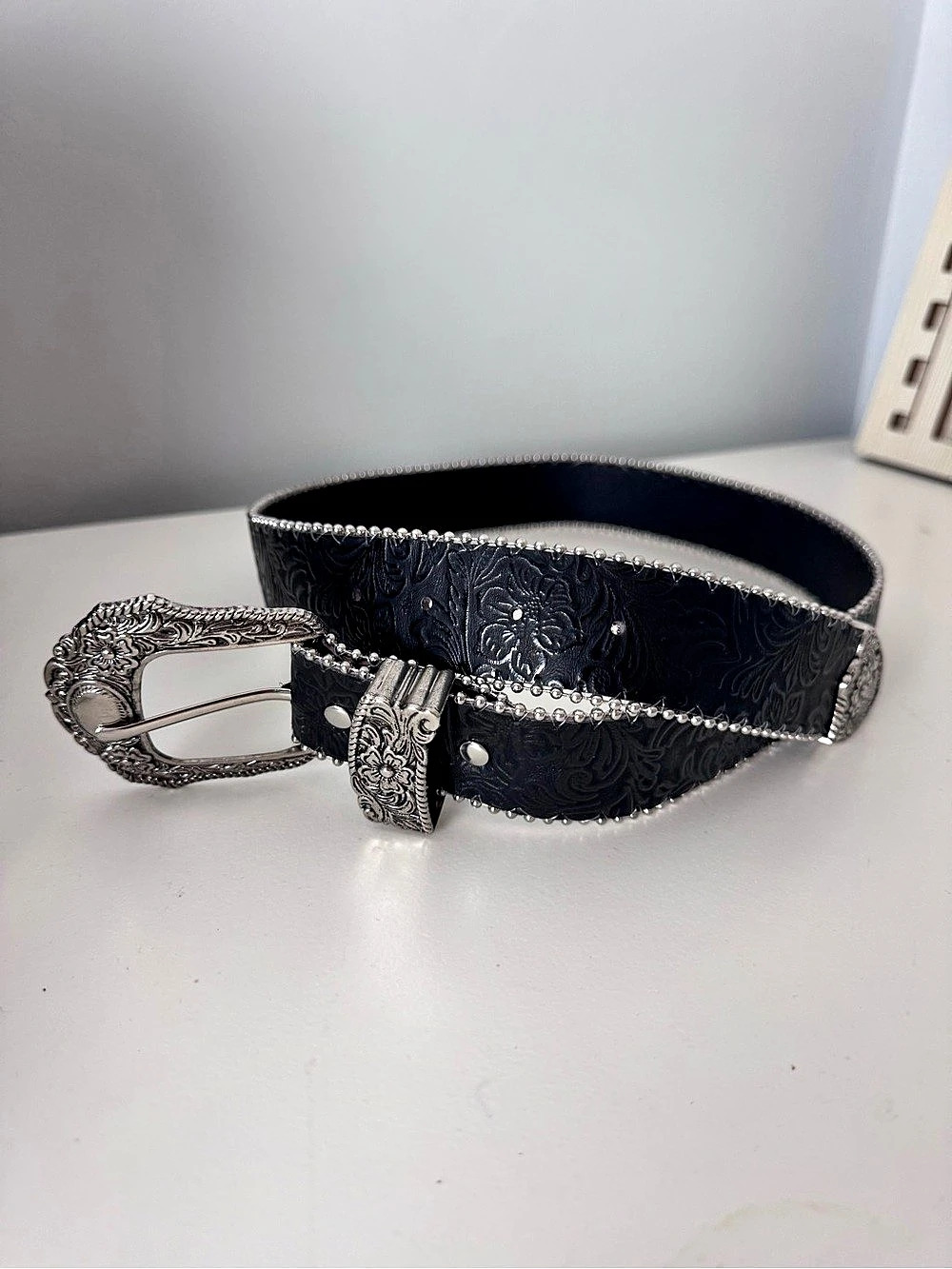 New Black Floral Embossed Belt with Ornate Buckle